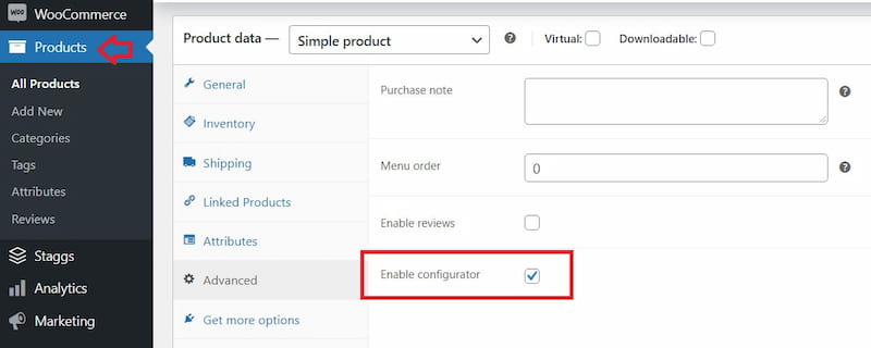 Enabling Staggs product configurator for WooCommerce product.