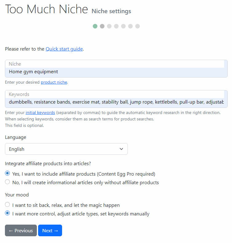 Too Much Niche plugin selecting niche and keywords.